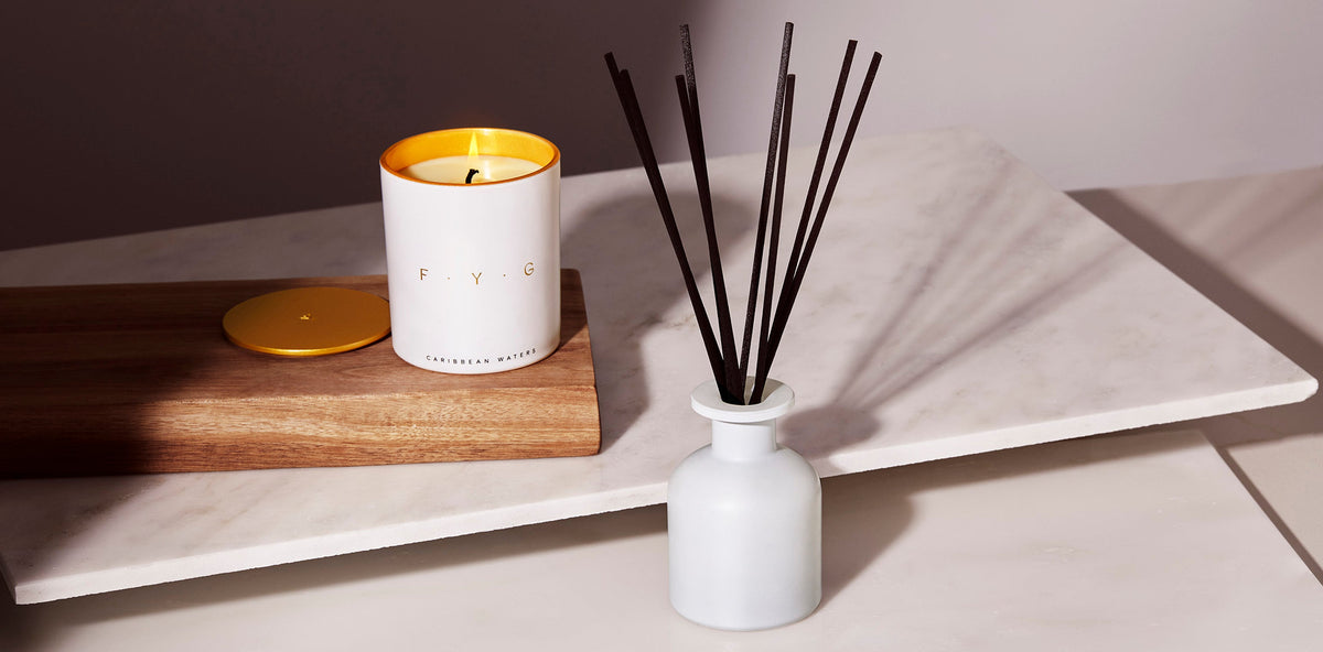 FYG reed diffuser styled in a home setting