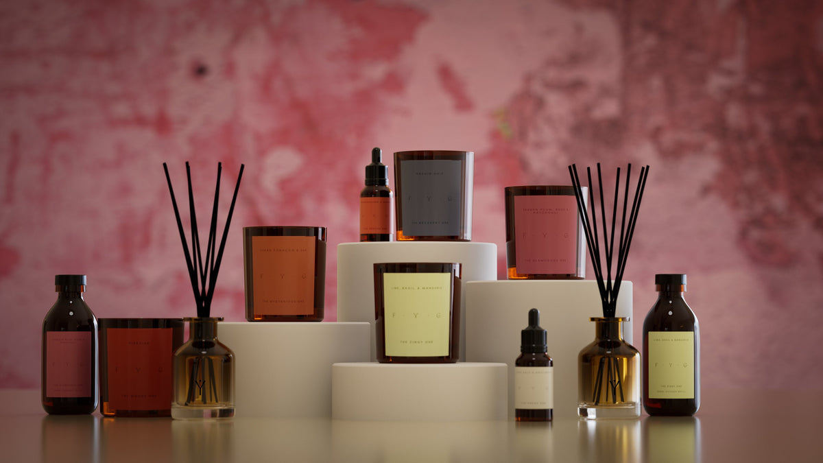 FYG scented candle in a styled interior
