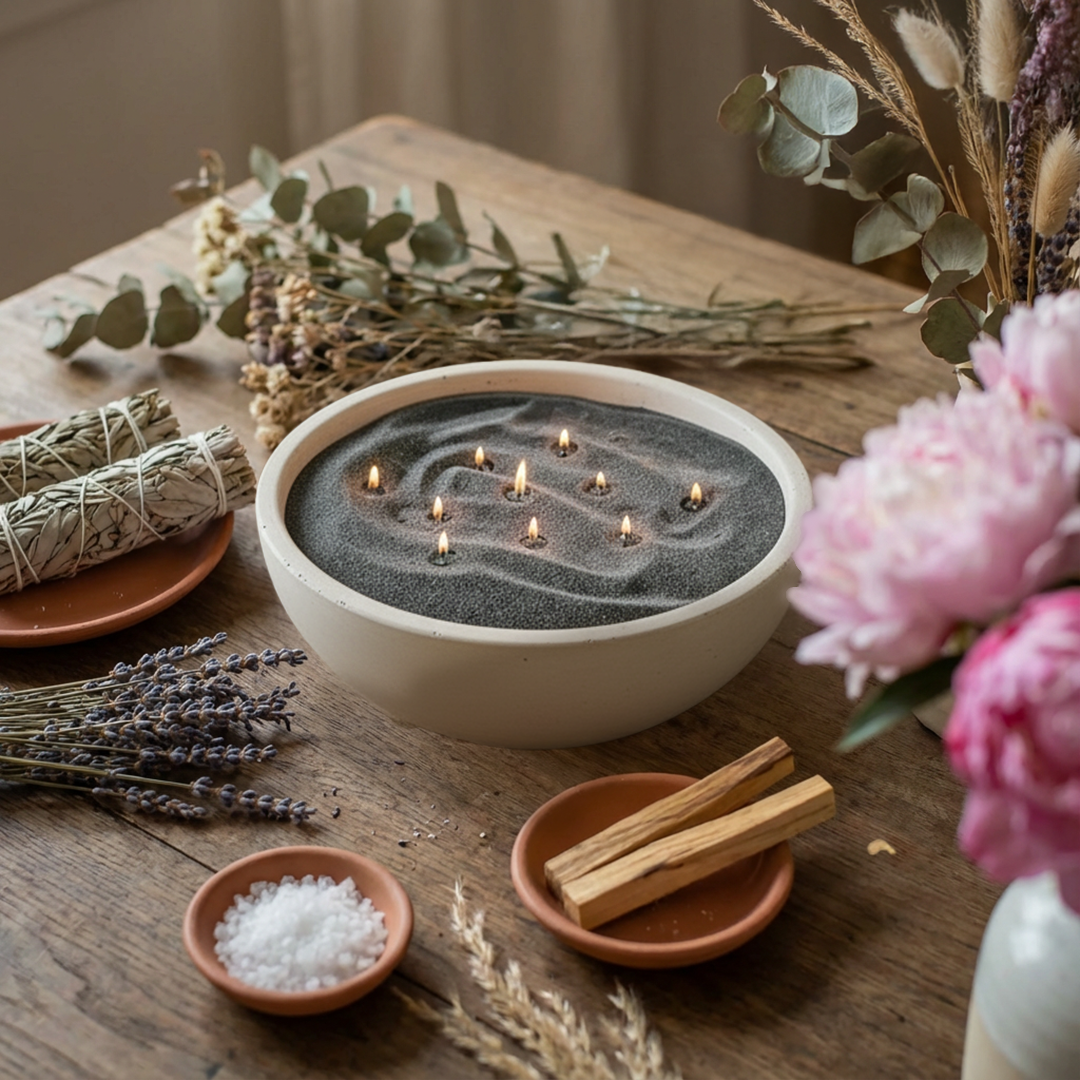FYG reusable Candle Pearls burning in a ceramic bowl