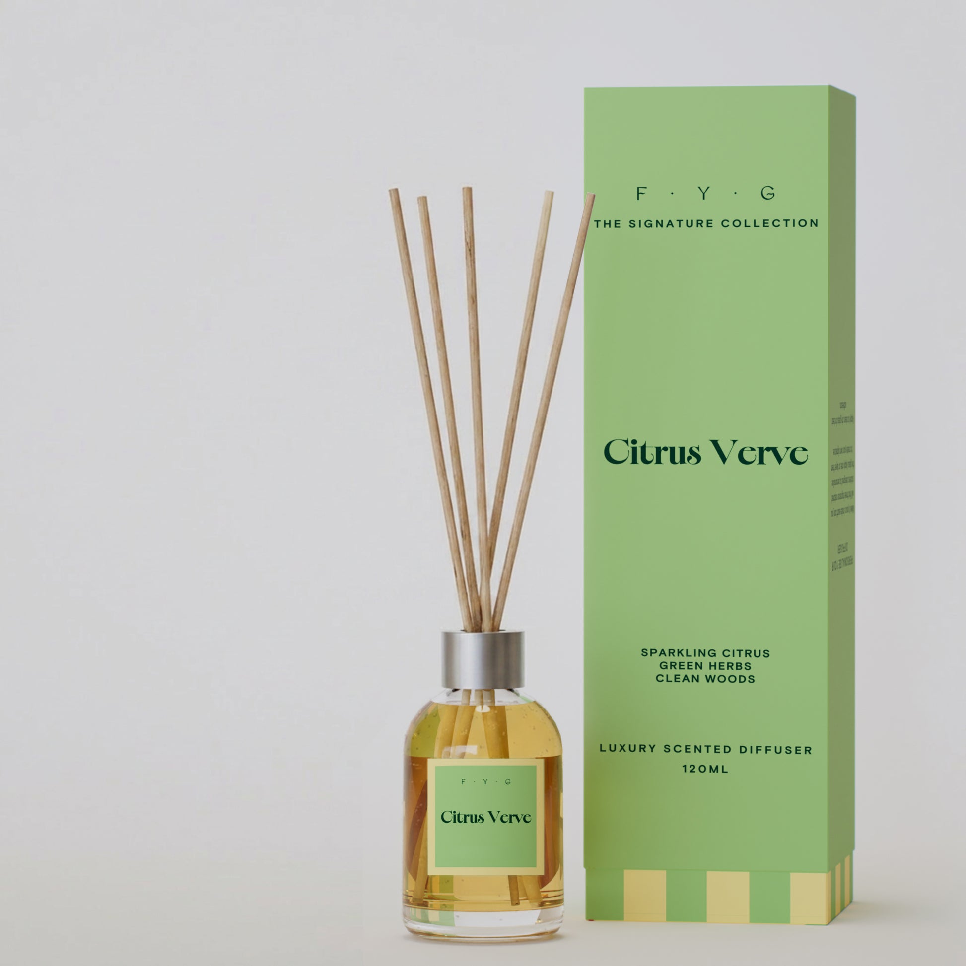 Citrus Verve reed diffuser with reeds and green Signature Collection gift box