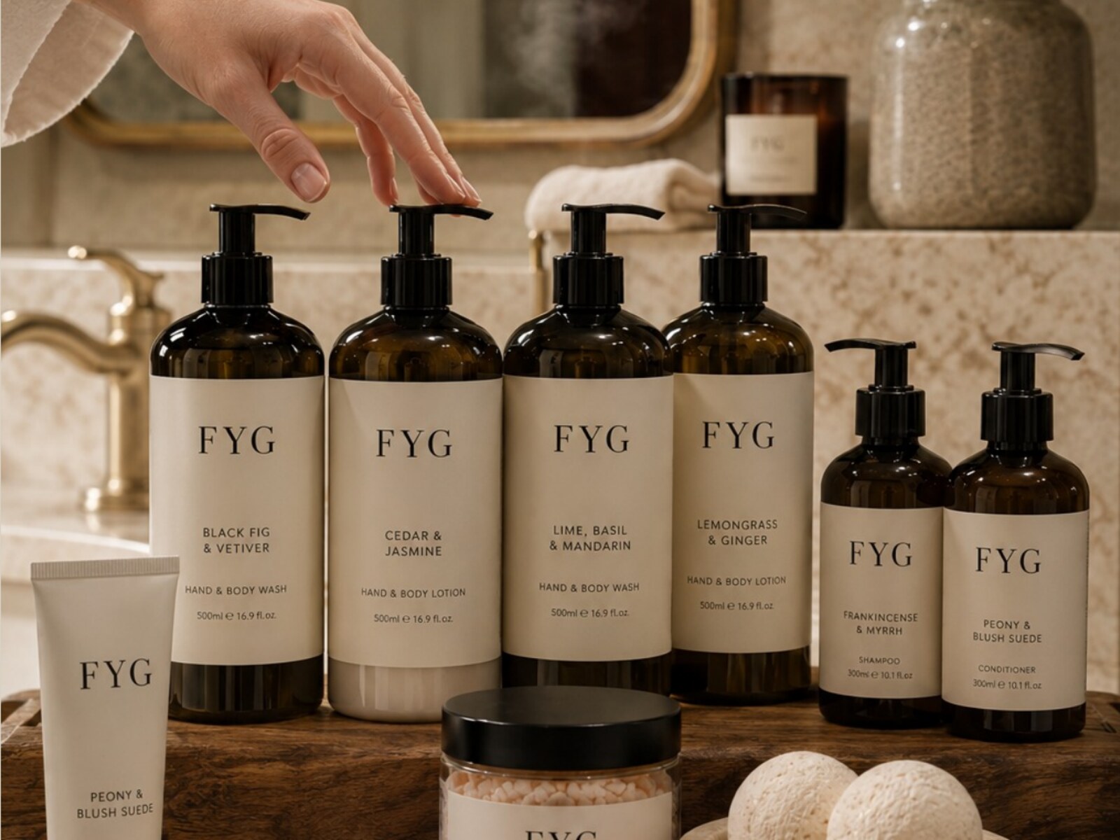 FYG hand and body wash, lotion, shampoo and conditioner
