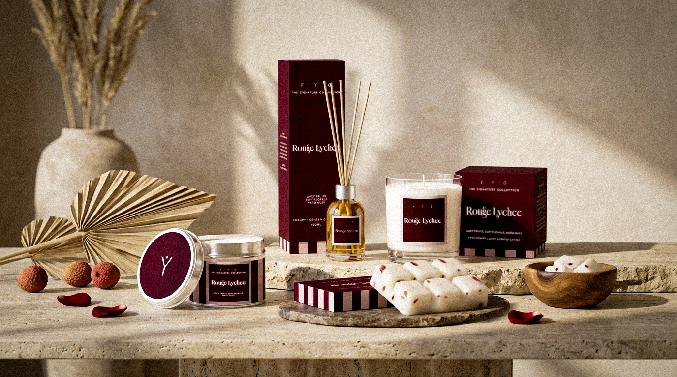 FYG Rouge Lychee Signature Collection candle, diffuser, tin candle and wax melts