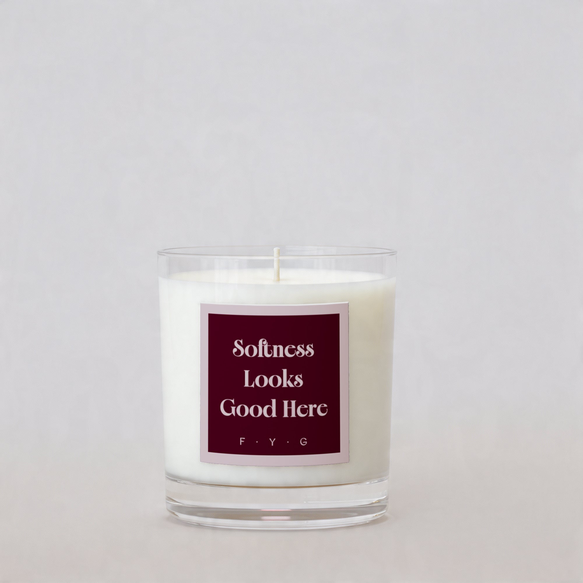 Rouge Lychee candle with Softness Looks Good Here Signature Mark label