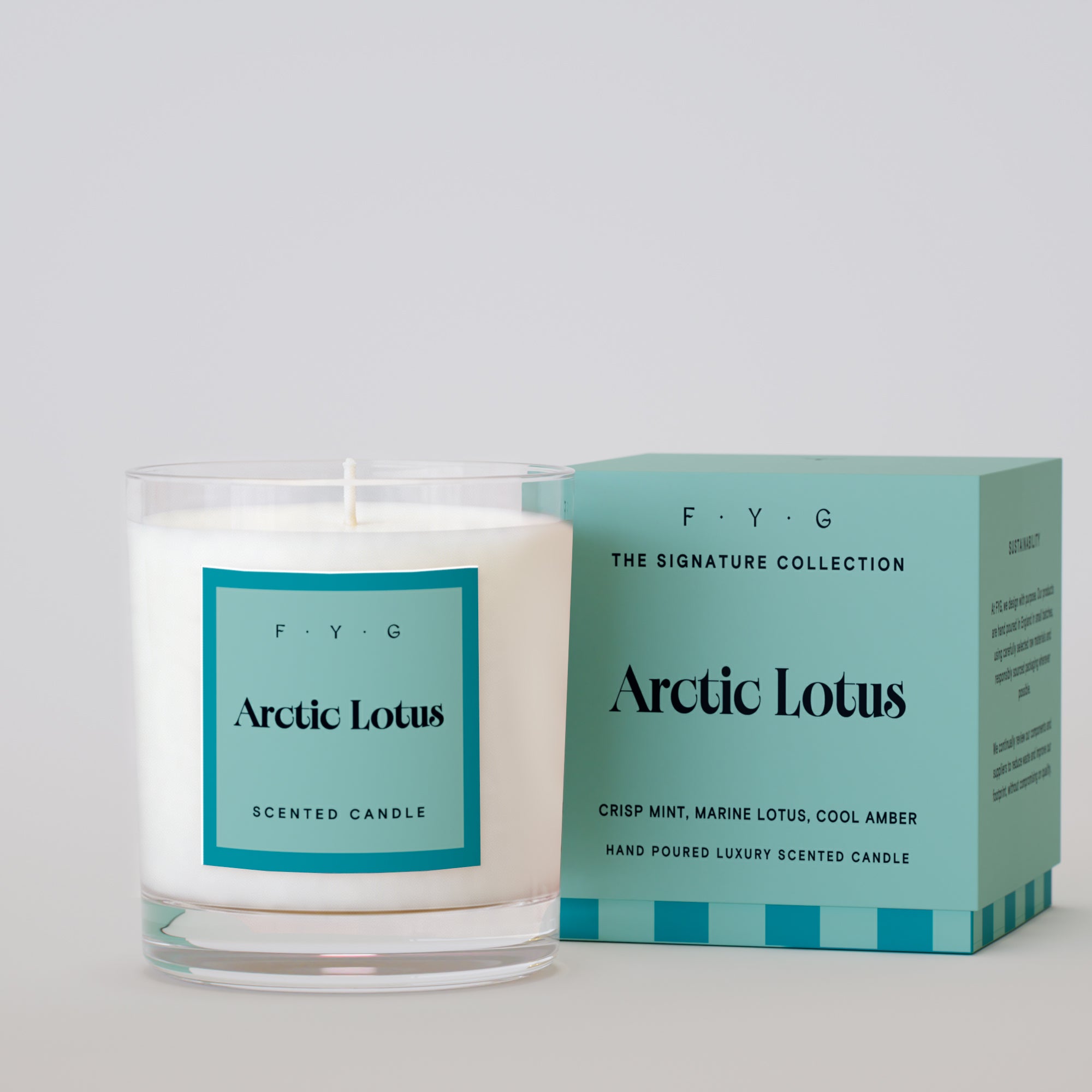 Arctic Lotus 220g scented candle with aqua Signature Collection box