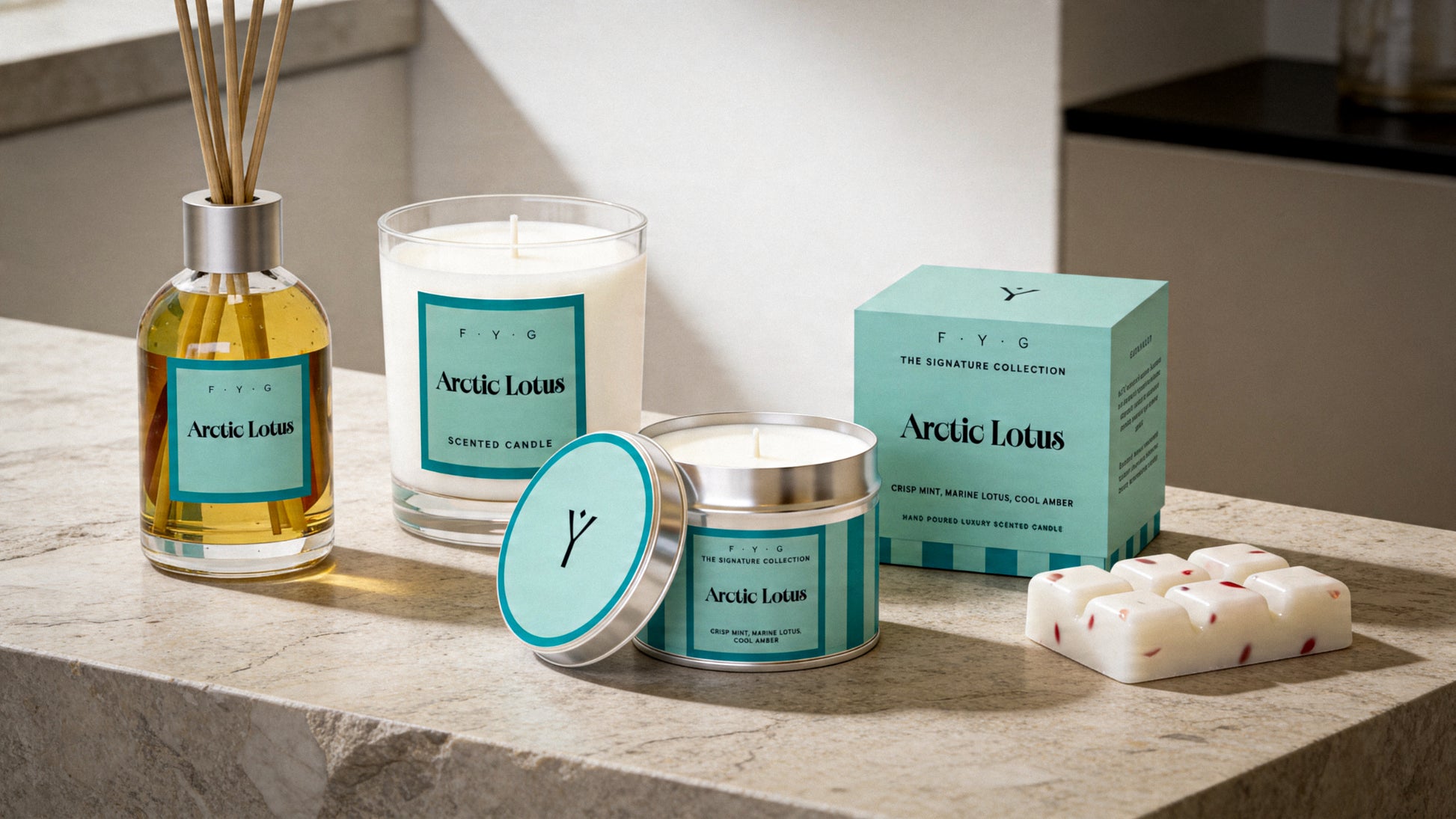 Arctic Lotus candle, diffuser, tin candle and wax melts styled in a modern interior