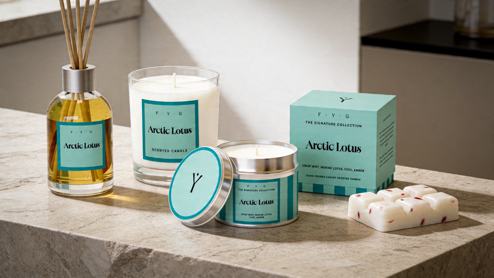 Arctic Lotus candle, diffuser, tin candle and wax melts styled in a modern interior