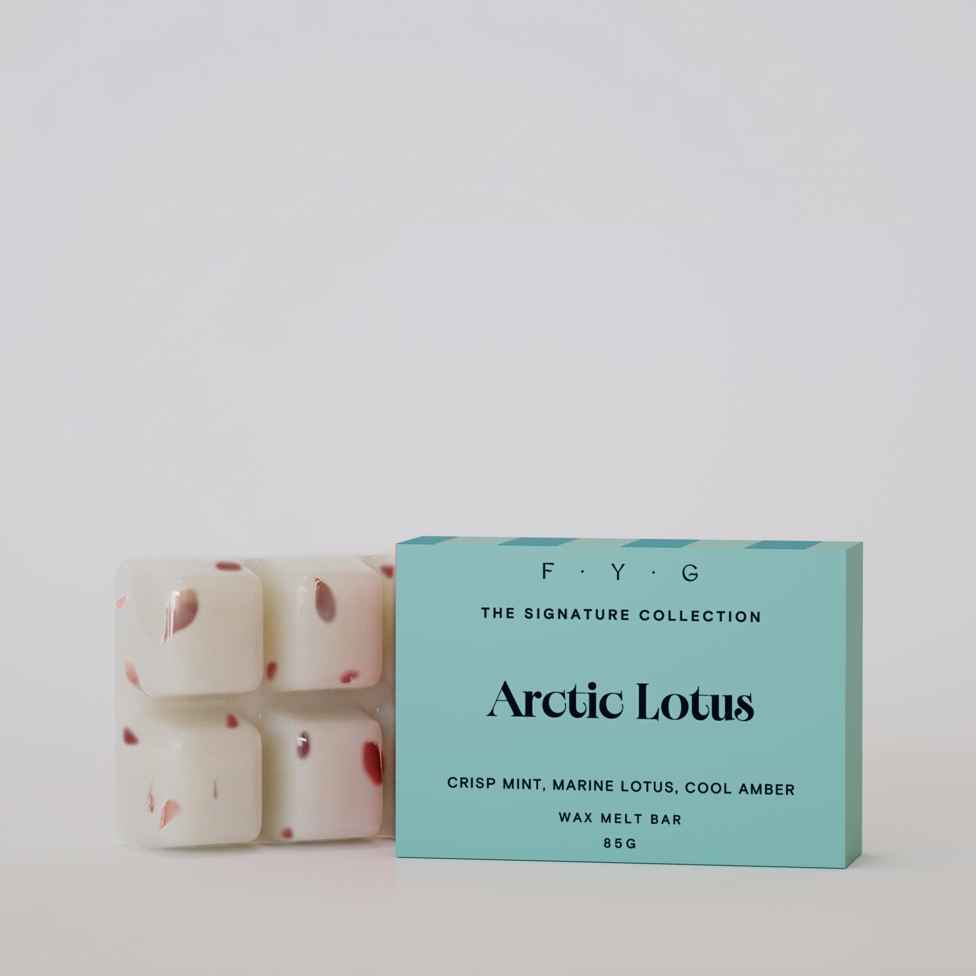 Arctic Lotus 85g wax melt bar with aqua Signature Collection box
