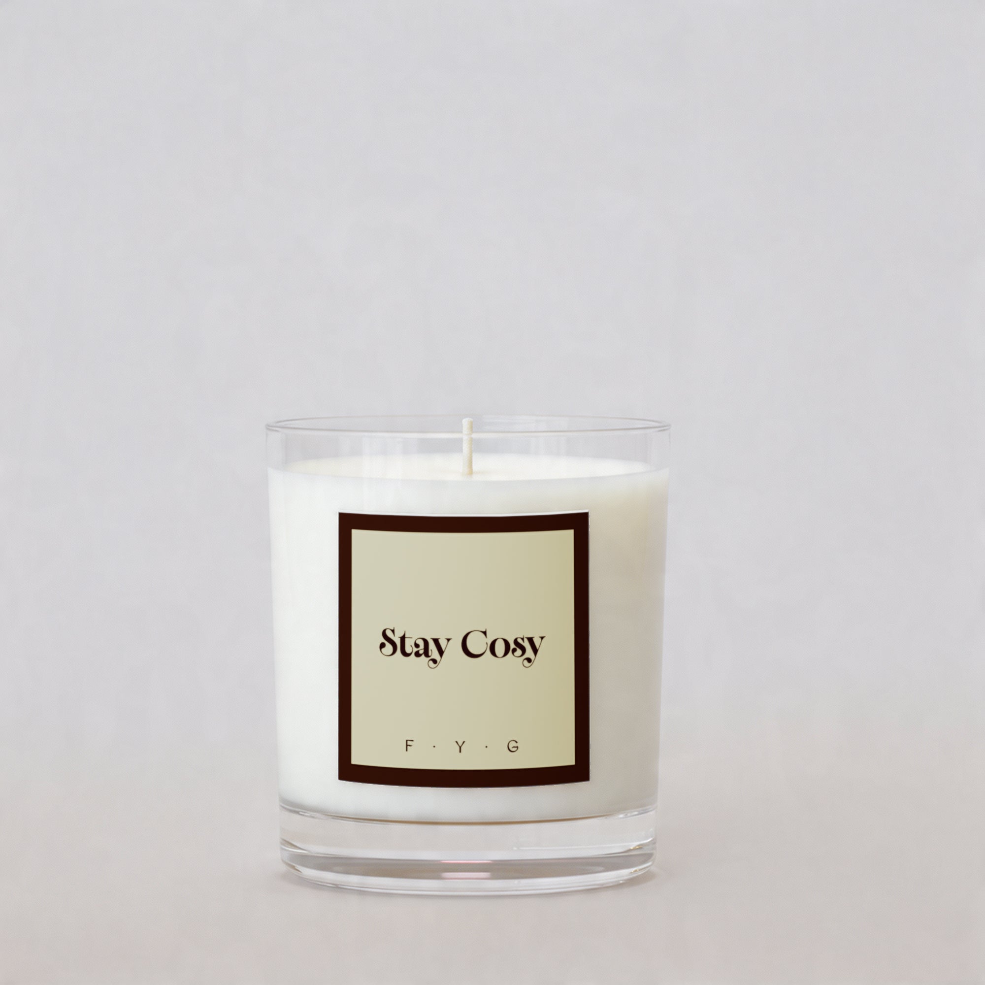 Chestnut Cashmere candle with Stay Cosy Signature Mark label