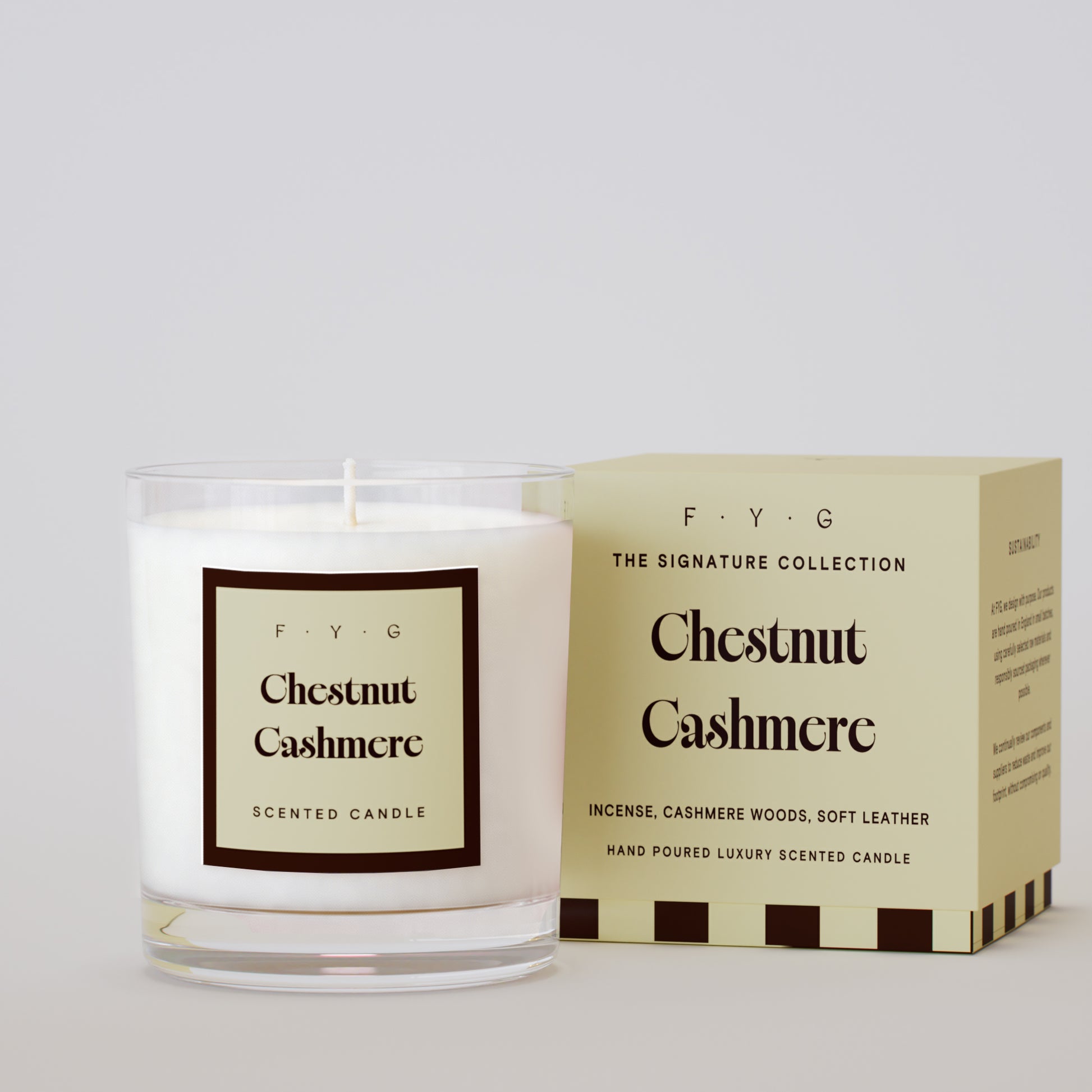 Chestnut Cashmere 220g scented candle with cream and brown Signature Collection box