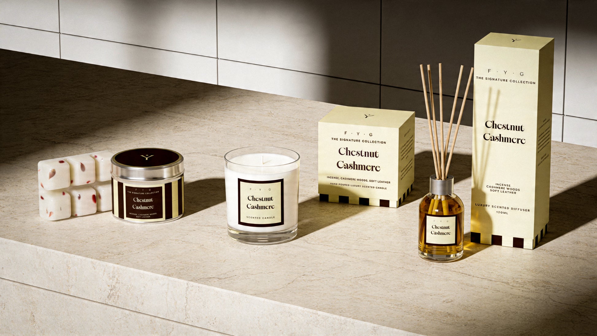 Chestnut Cashmere candle, diffuser, tin candle and wax melts styled in a warm modern interior