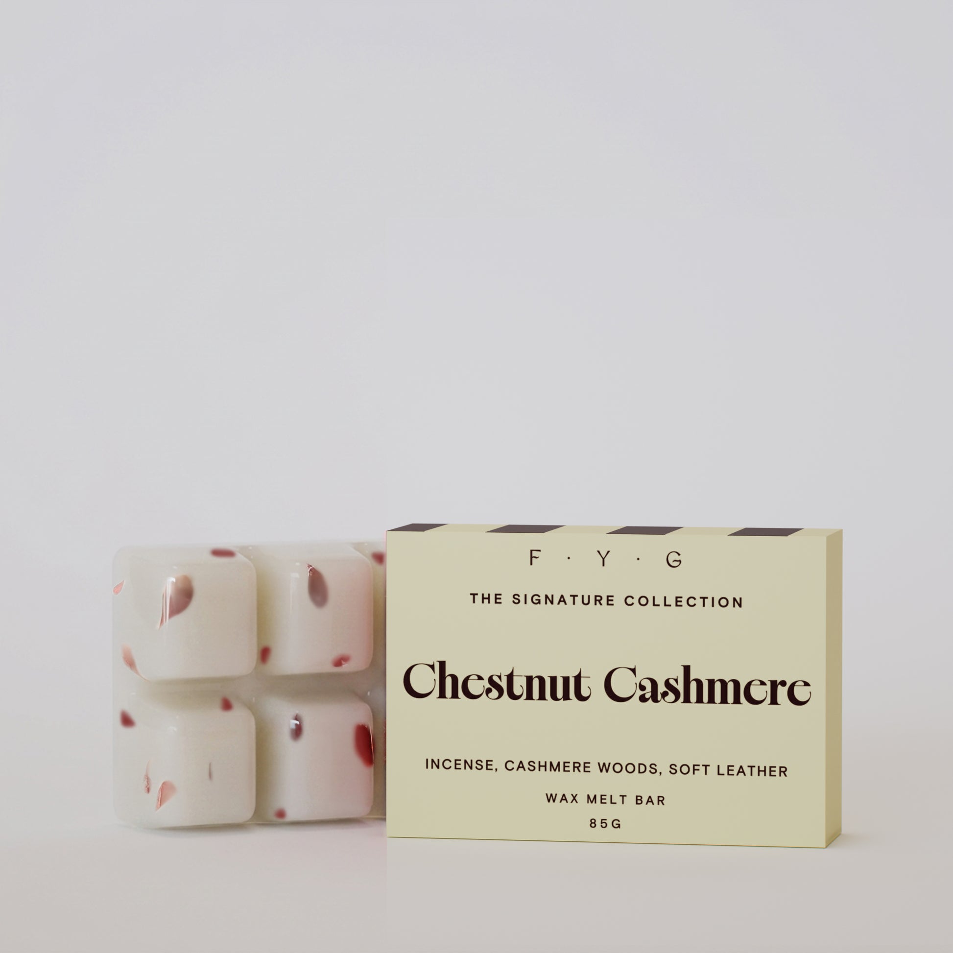 Chestnut Cashmere 85g wax melt bar with cream Signature Collection box