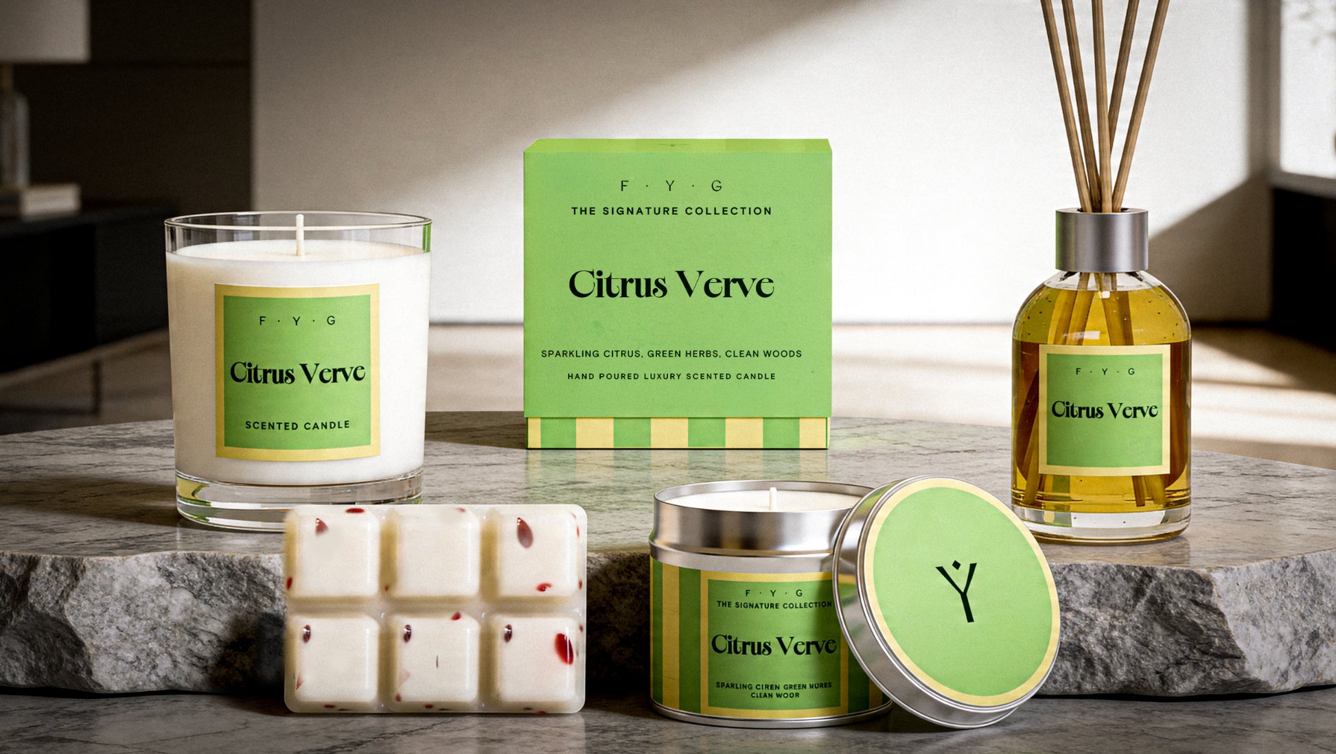 Citrus Verve candle, diffuser, tin candle and wax melts styled in a modern interior