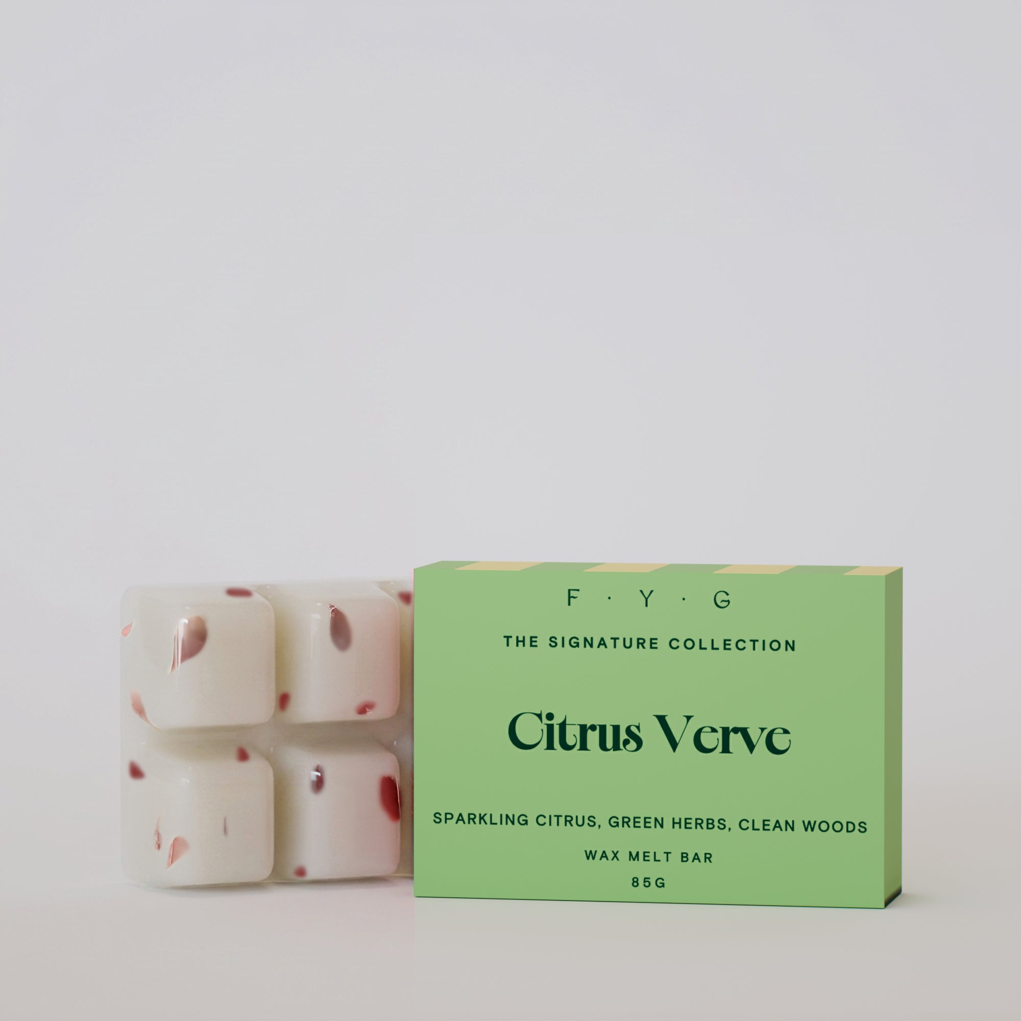 Citrus Verve 85g wax melt bar with green Signature Collection box