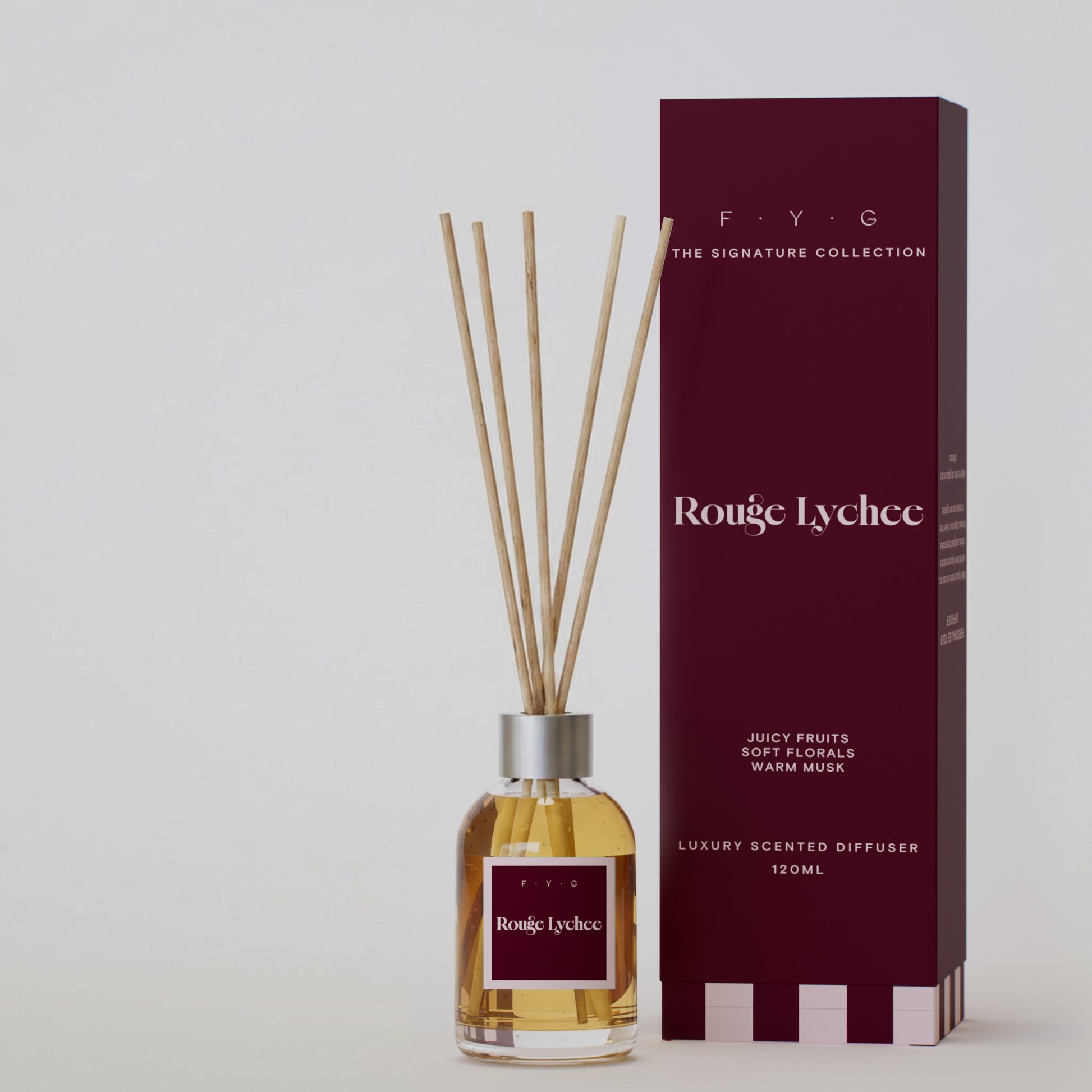 Rouge Lychee 120ml reed diffuser with reeds and burgundy Signature Collection gift box