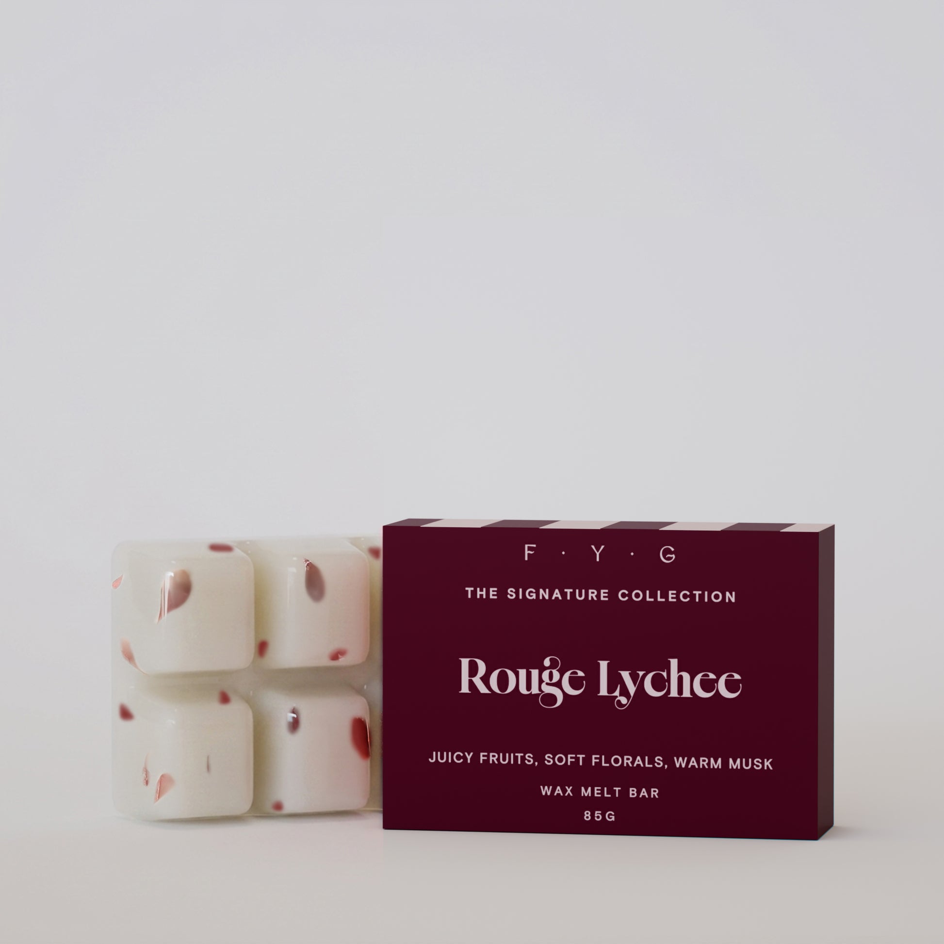 Rouge Lychee 85g wax melt bar with burgundy Signature Collection box