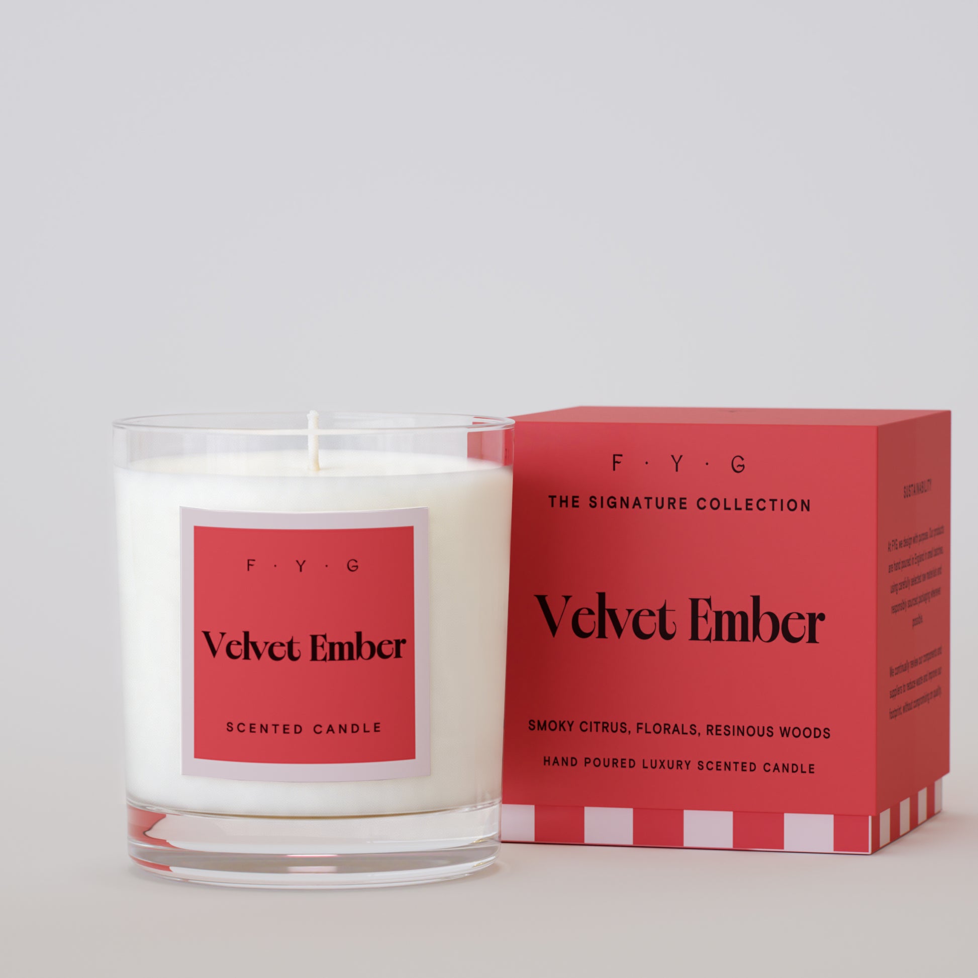 Velvet Ember 220g scented candle with coral Signature Collection box