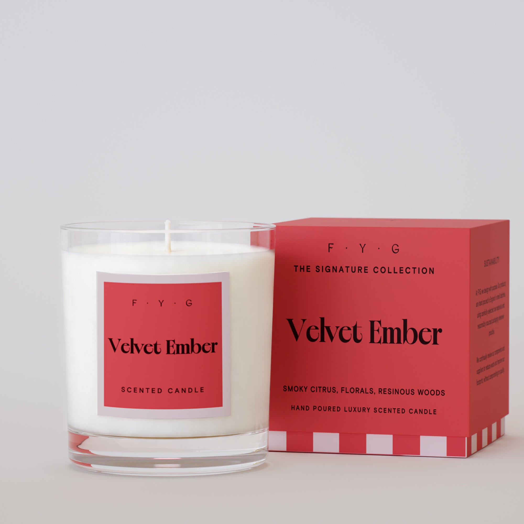 Velvet Ember 220g scented candle with coral Signature Collection box