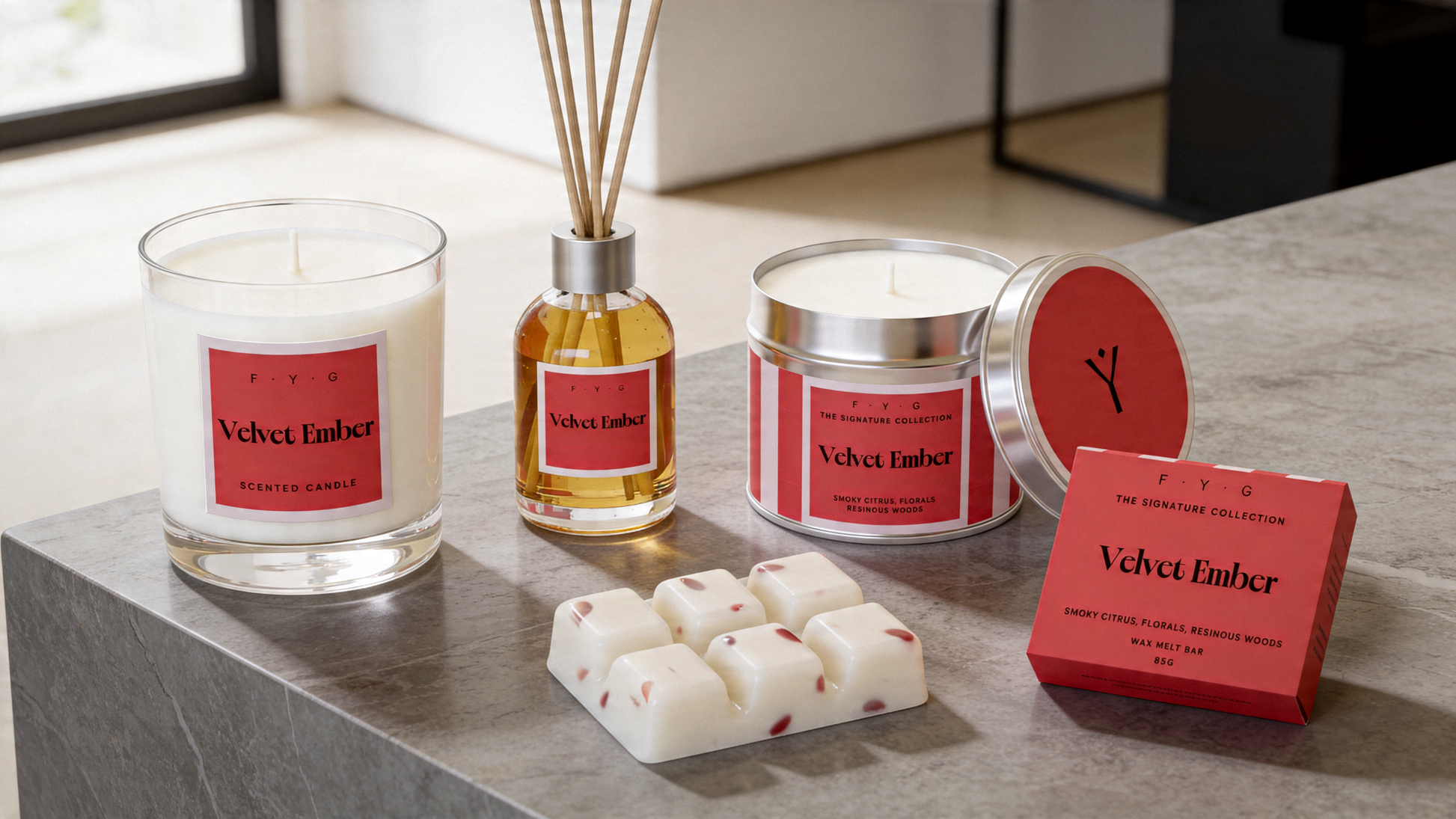 Velvet Ember candle, diffuser, tin candle and wax melts styled in a modern interior