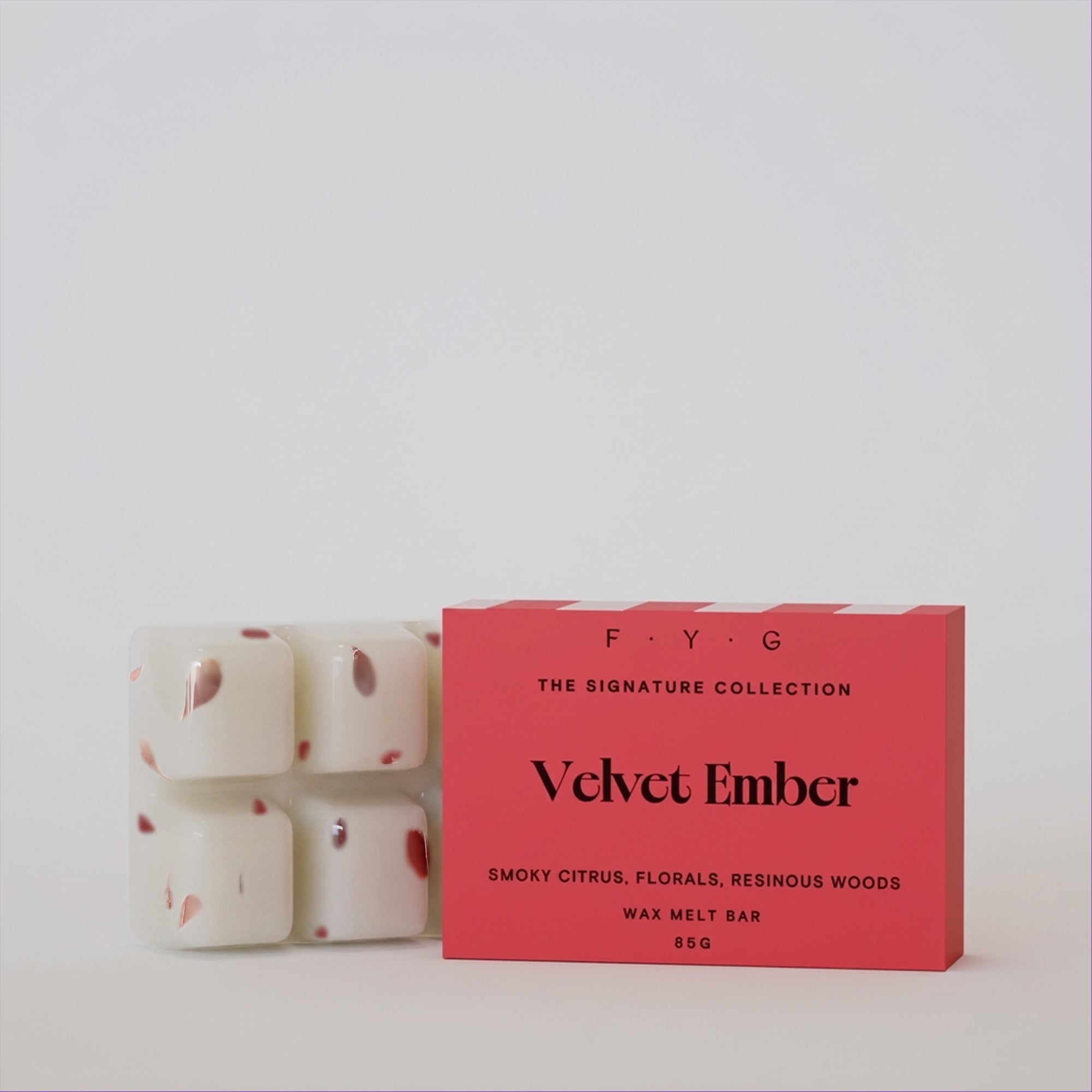 Velvet Ember 85g wax melt bar with coral Signature Collection box